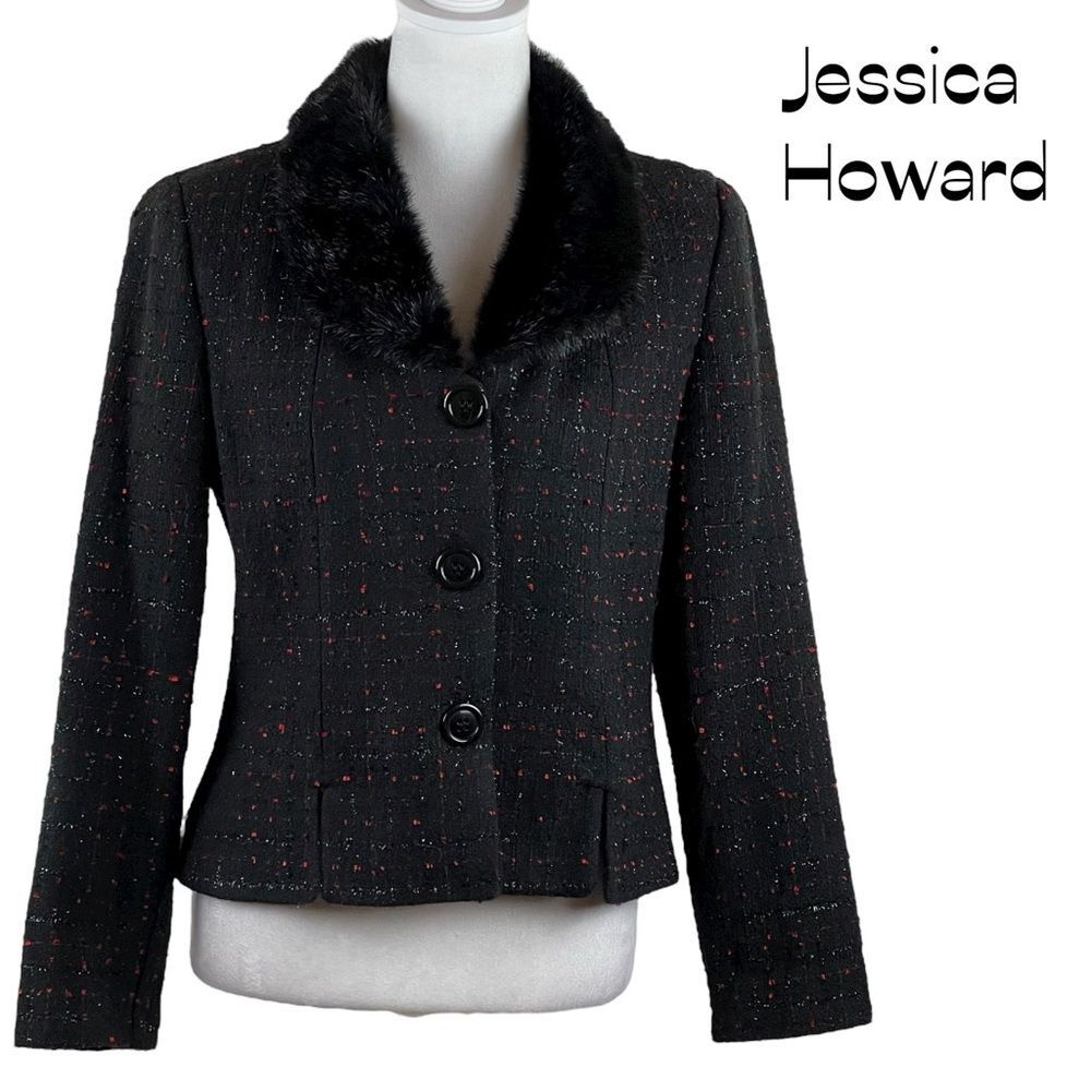 Jessica Howard Black Tweed Fur Collar Cropped Jacket NWOT Size 6